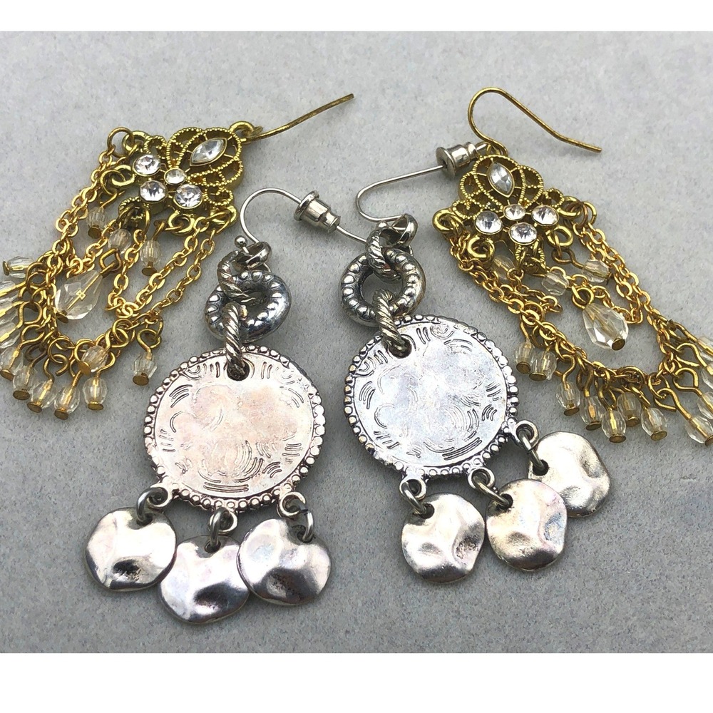 Chandelier Earrings 2pr Gold Tone Silver Tone Crystal Metal Festoon Coin Dangles